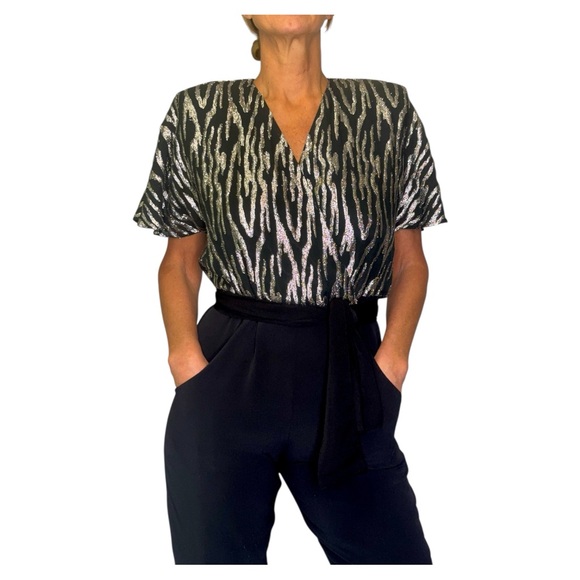 Vintage 80s Disco Metallic Silver & Black Striped Jumpsuit  Sz Small - Picture 3 of 14